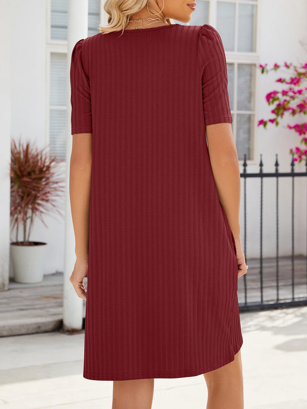 Women Plain Square Neck Short Sleeve Comfy Casual Midi Dress