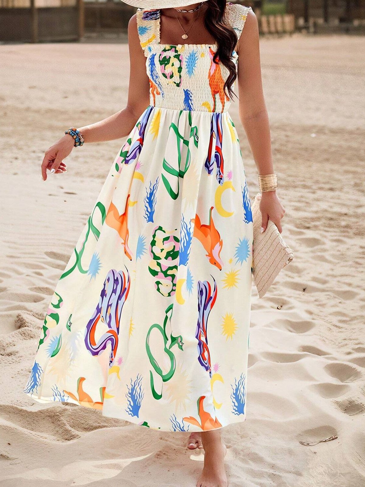 Women Geometric Spaghetti Sleeveless Comfy Vacation Scramble Maxi Dress