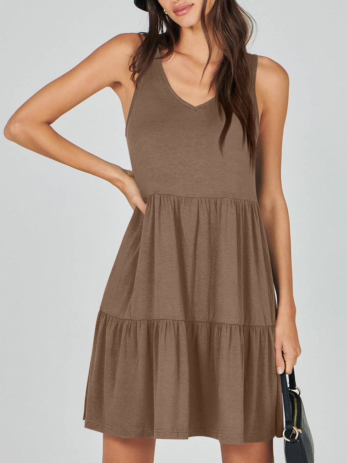 Women Plain V Neck Sleeveless Comfy Casual Midi Dress