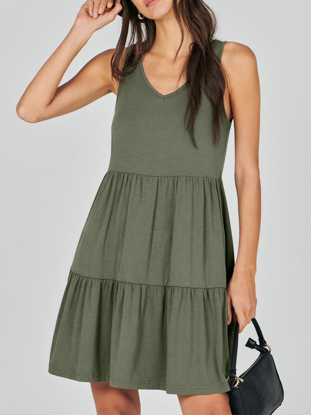 Women Plain V Neck Sleeveless Comfy Casual Midi Dress