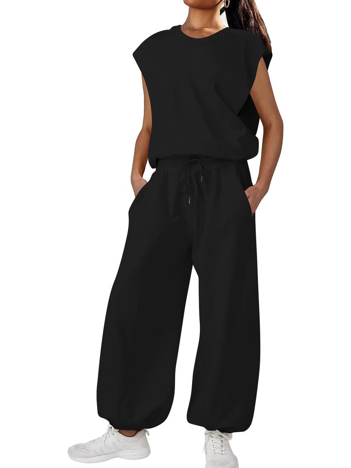 Women Cap Sleeve Crew Neck Regular Fit Long Pocket Stitching Daily Casual Plain Natural Jumpsuit