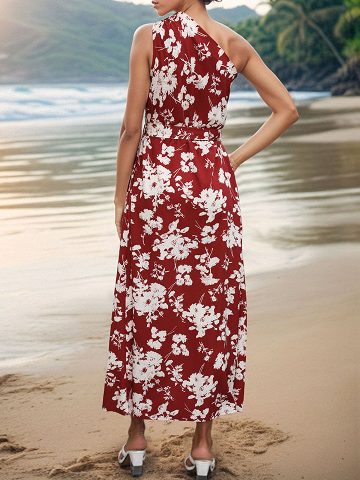 Women Floral One Shoulder Sleeveless Comfy Casual Maxi Dress