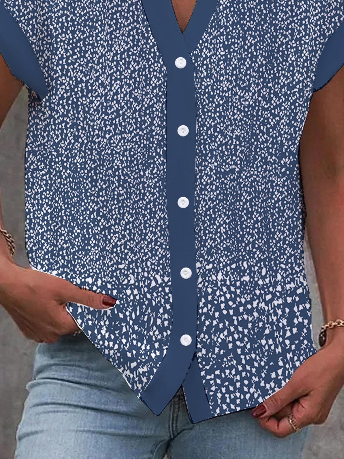 Notched Short Sleeve Small Floral Regular Loose Blouse For Women