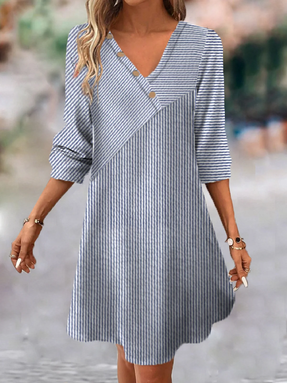Women Striped V Neck Short Sleeve Comfy Casual Short Dress