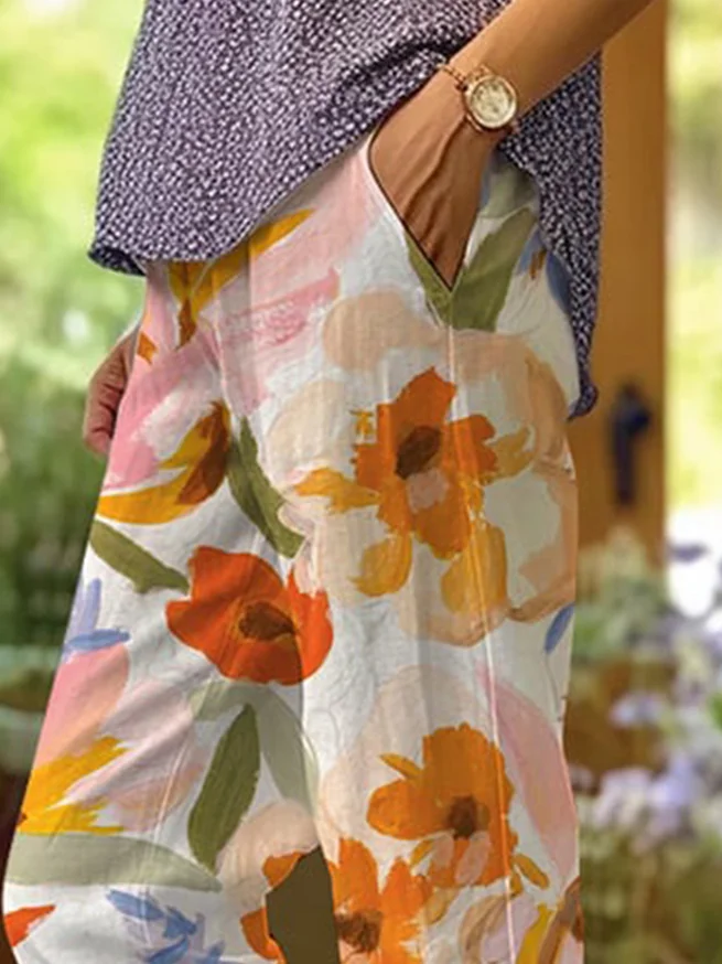 Casual Floral Ankle Pants Elastic Waist Pocket Stitching Pant