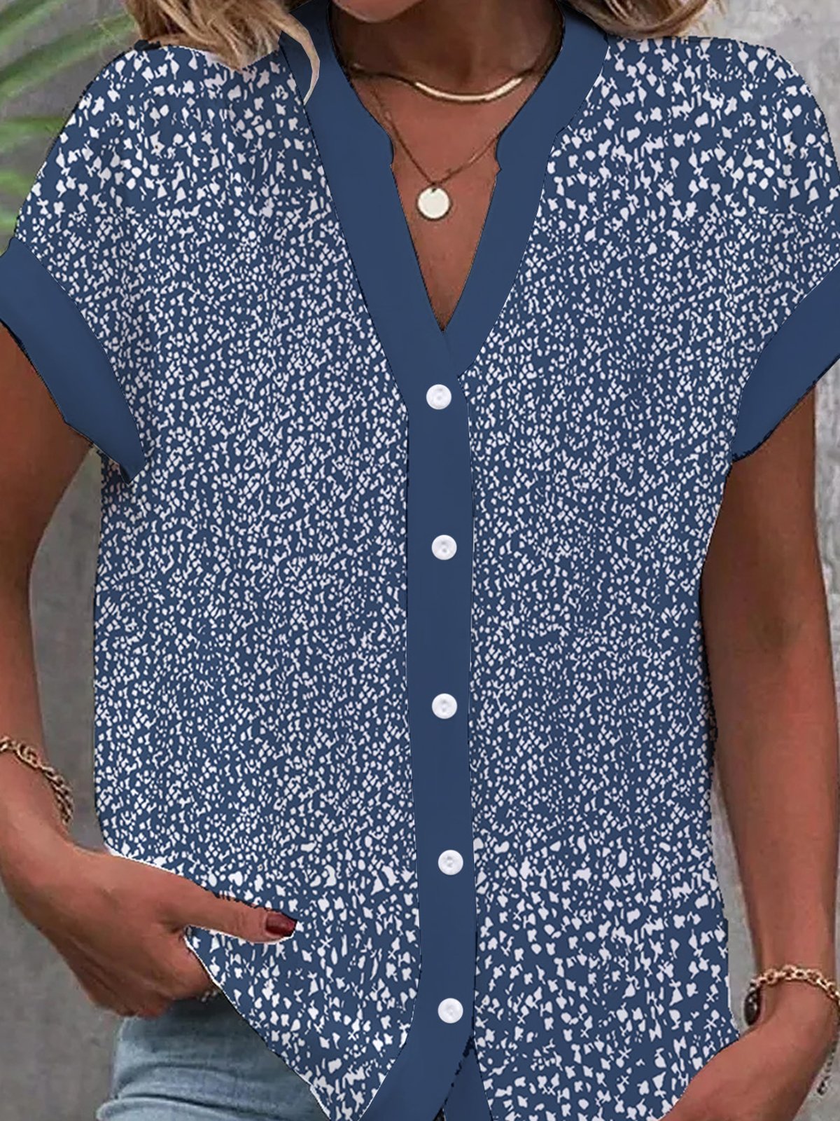 Notched Short Sleeve Small Floral Regular Loose Blouse For Women