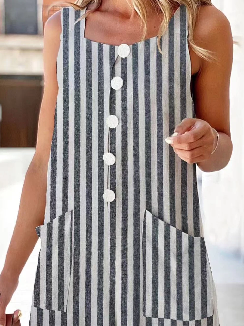 Women Sleeveless Square Neck Loose Shorts Daily Casual Striped Natural Overall Bib Pants