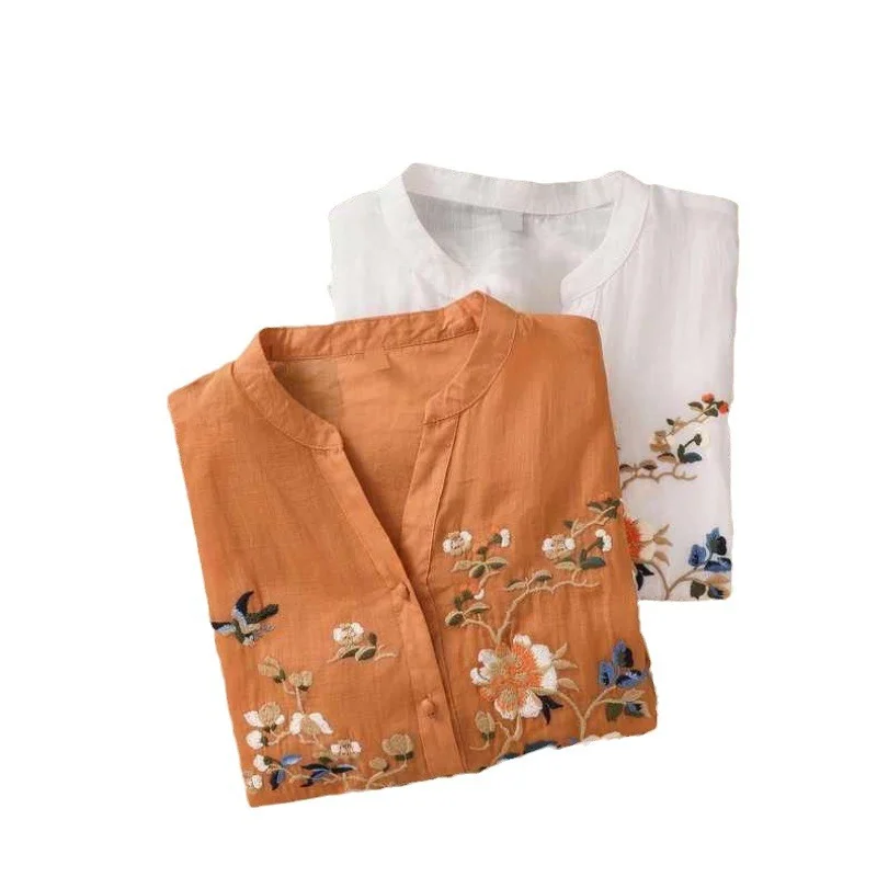V Neck Half Sleeve Floral Embroidery Regular Loose Blouse For Women