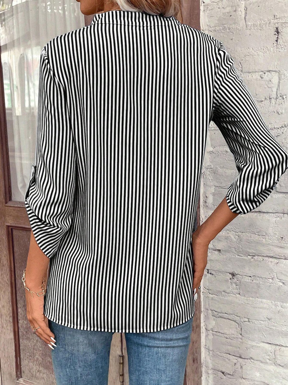 V Neck Three Quarter Sleeve Striped Regular Loose Shirt For Women