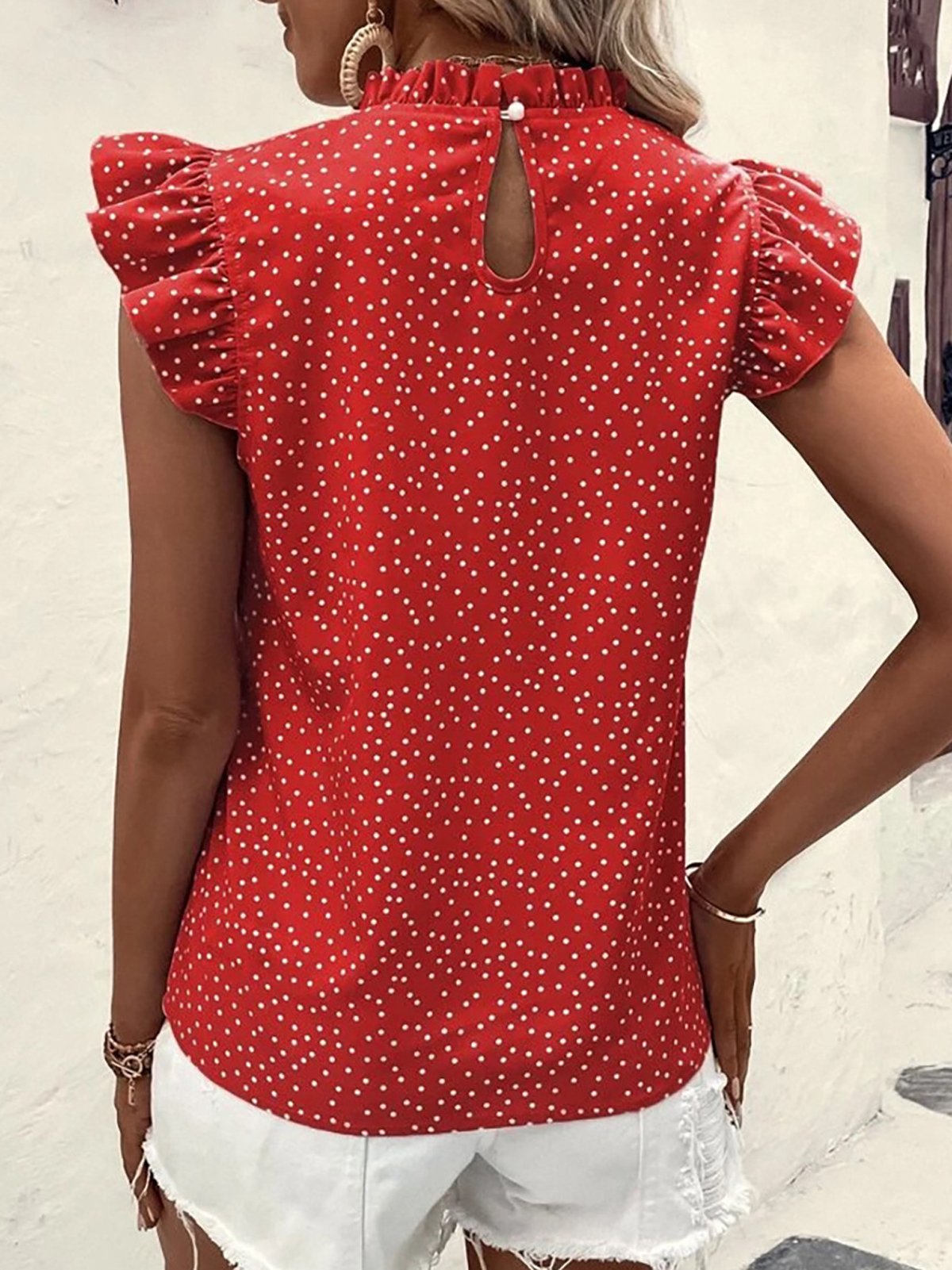 Stand Collar Cap Sleeve Polka Dots Regular Loose Shirt For Women