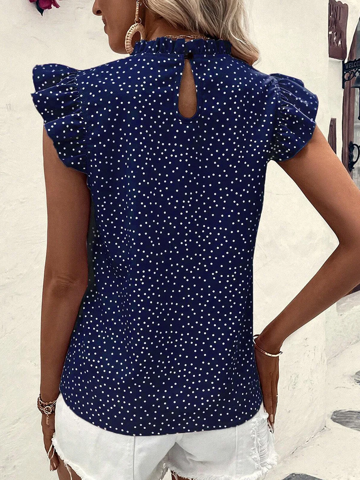 Stand Collar Cap Sleeve Polka Dots Regular Loose Shirt For Women