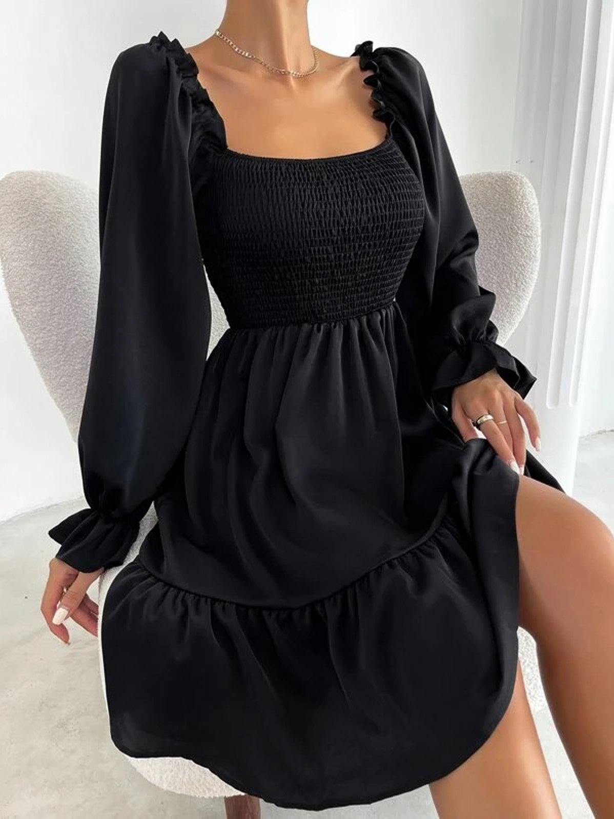 Women Plain Square Neck Short Sleeve Comfy Casual Mini Dress