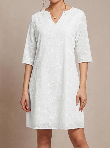 Plain Linen Cotton And Linen V Neck Dress