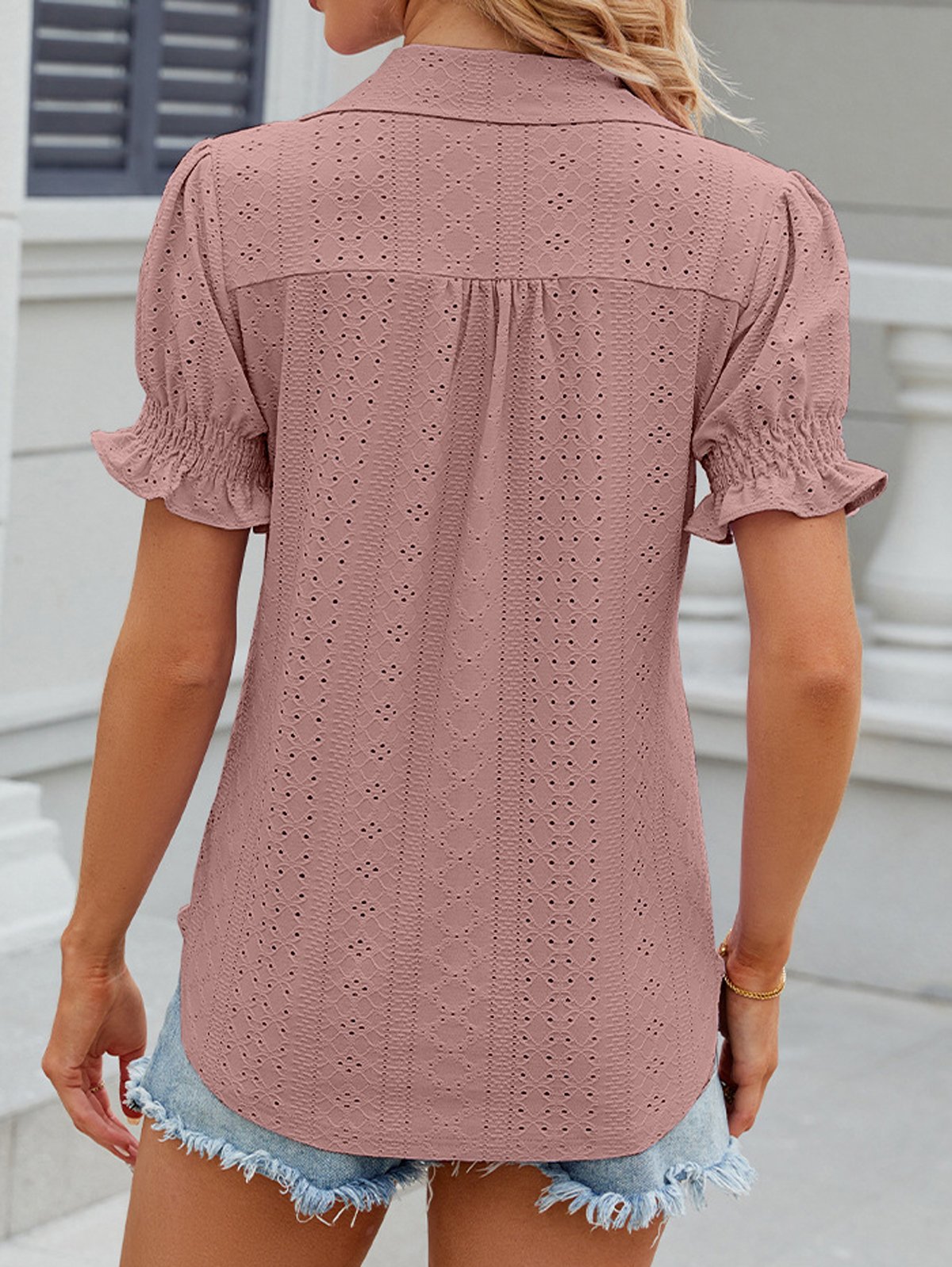Shawl Collar Short Sleeve Plain Regular Micro-Elasticity Loose Shirt For Women