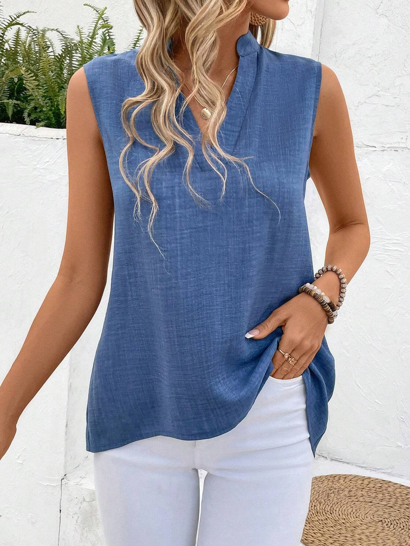 Notched Sleeveless Plain Buttoned Regular Loose TUNIC Shirt For Women