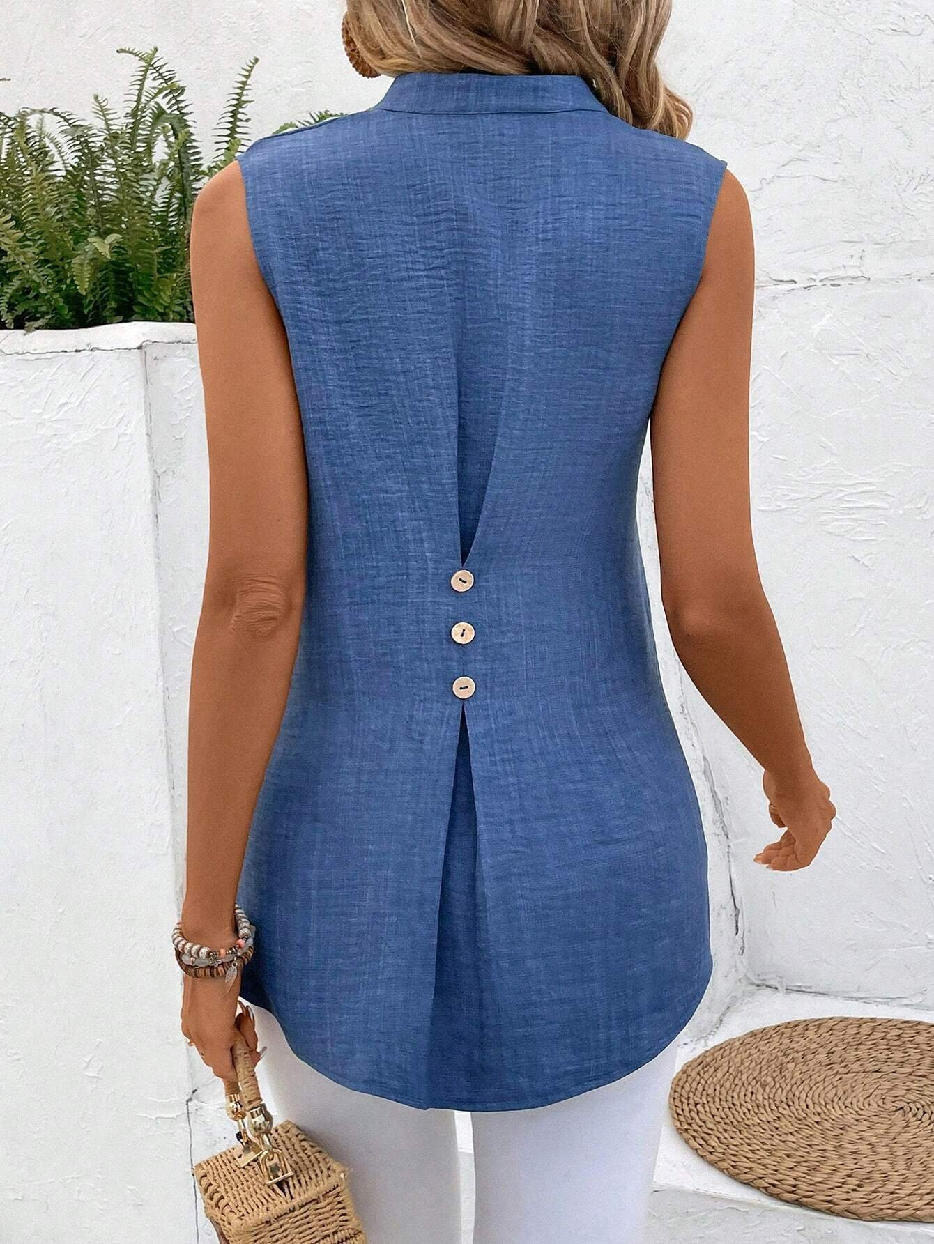 Notched Sleeveless Plain Buttoned Regular Loose TUNIC Shirt For Women