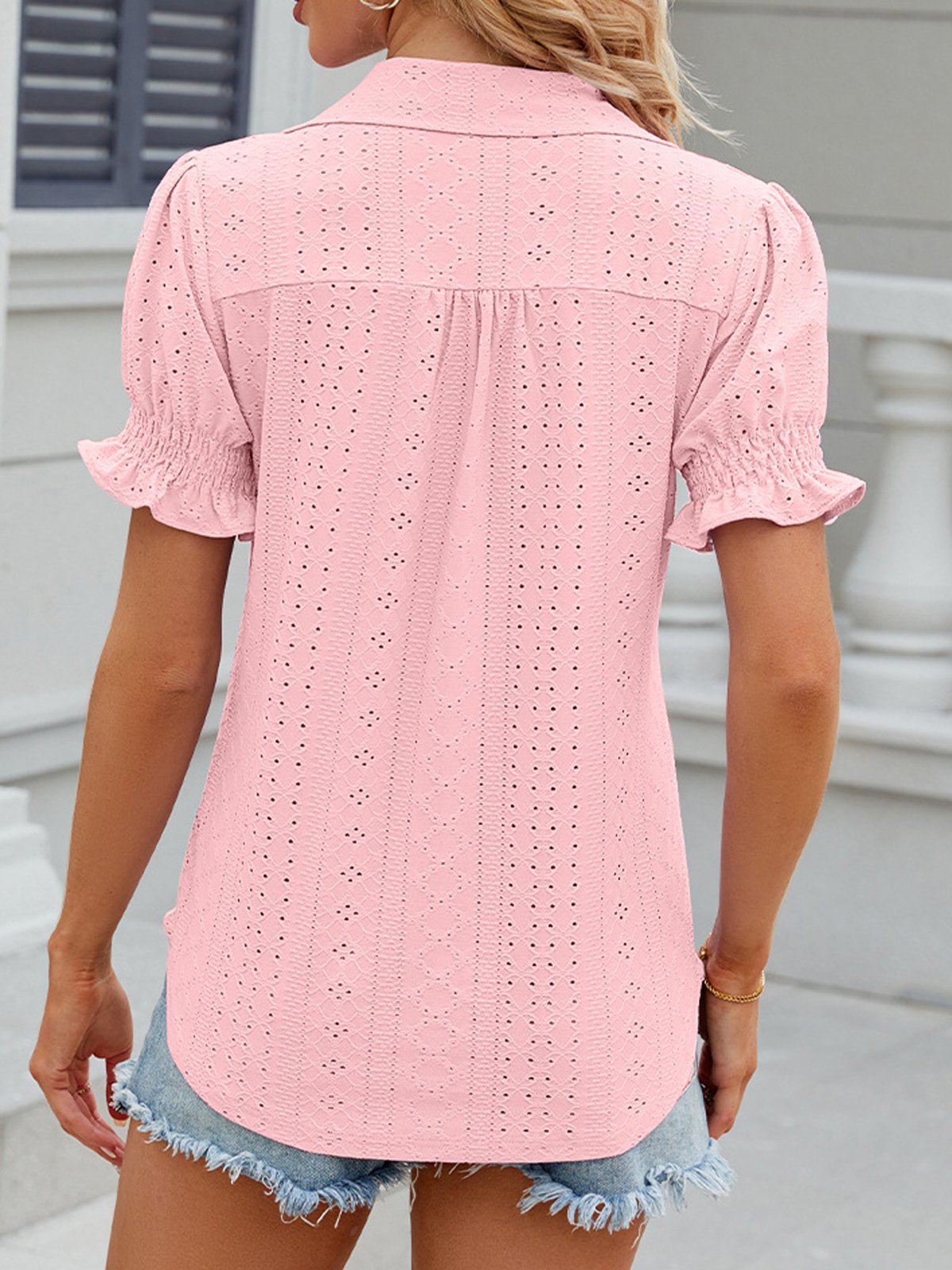 Shawl Collar Short Sleeve Plain Regular Micro-Elasticity Loose Shirt For Women