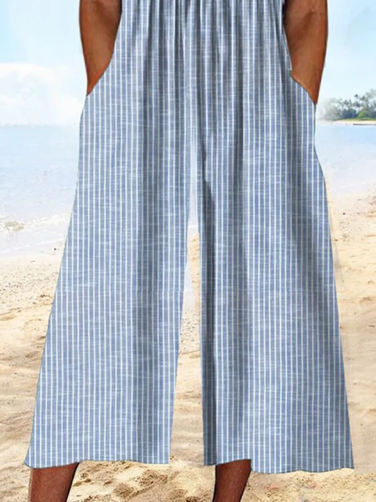 Women Short Sleeve Asymmetrical Loose Ankle Pants Buckle Daily Vacation Striped Natural Jumpsuit