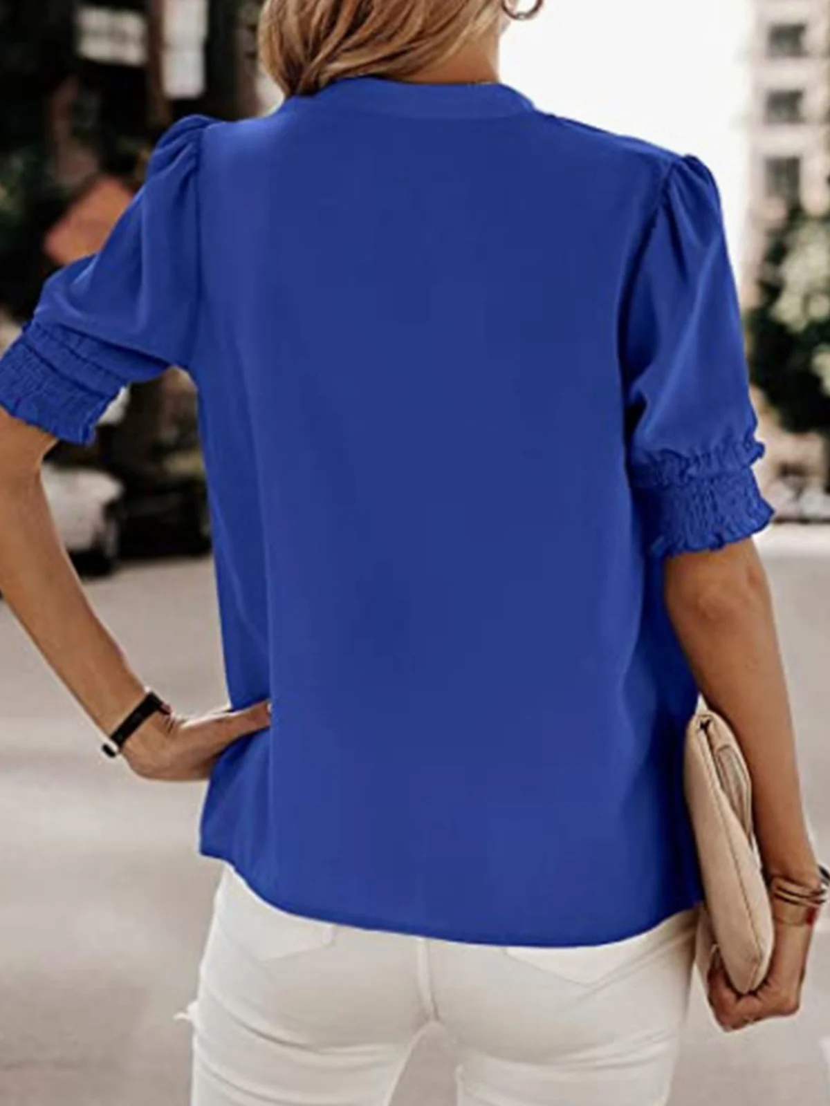 V Neck Short Sleeve Plain Lightweight Loose Shirt For Women