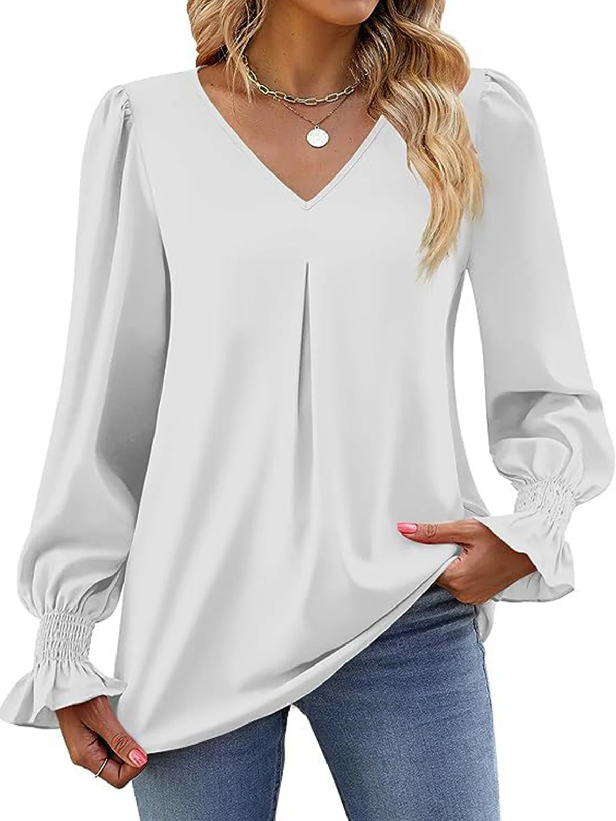 V Neck Flare Sleeve Long Sleeve Plain Lightweight Loose Shirt For Women