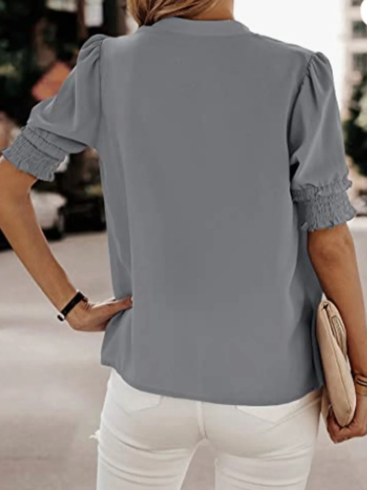 V Neck Short Sleeve Plain Lightweight Loose Shirt For Women