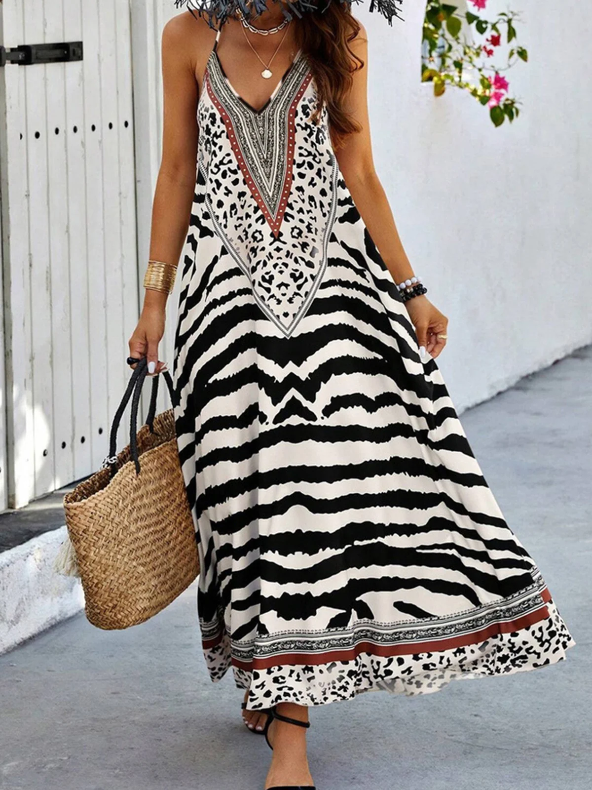 Women Striped Spaghetti Gallus Comfy Vacation Maxi Dress