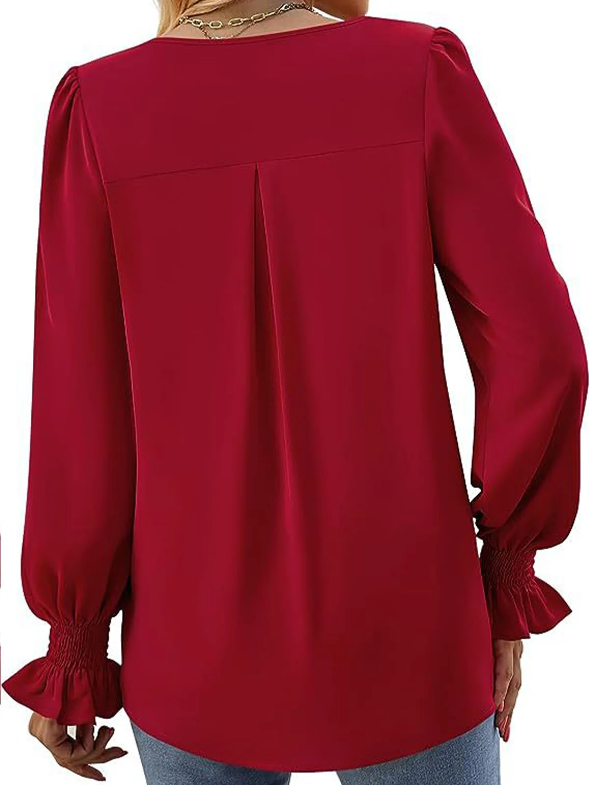 V Neck Flare Sleeve Long Sleeve Plain Lightweight Loose Shirt For Women
