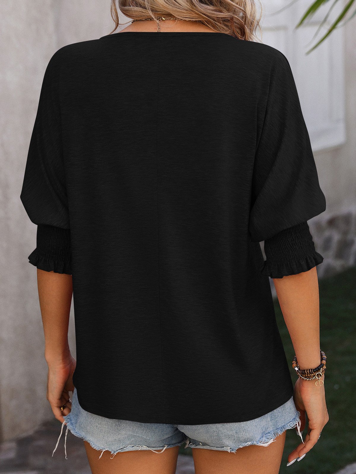 V Neck Half Sleeve Plain Regular Micro-Elasticity Loose Shirt For Women