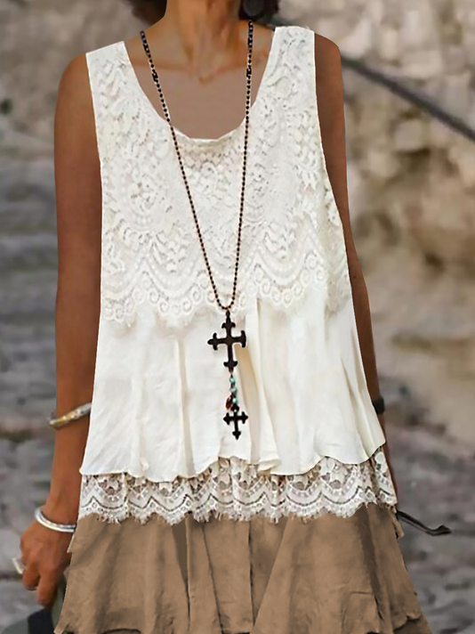 Solid U-Neck Sleeveless Woven Lace Dress