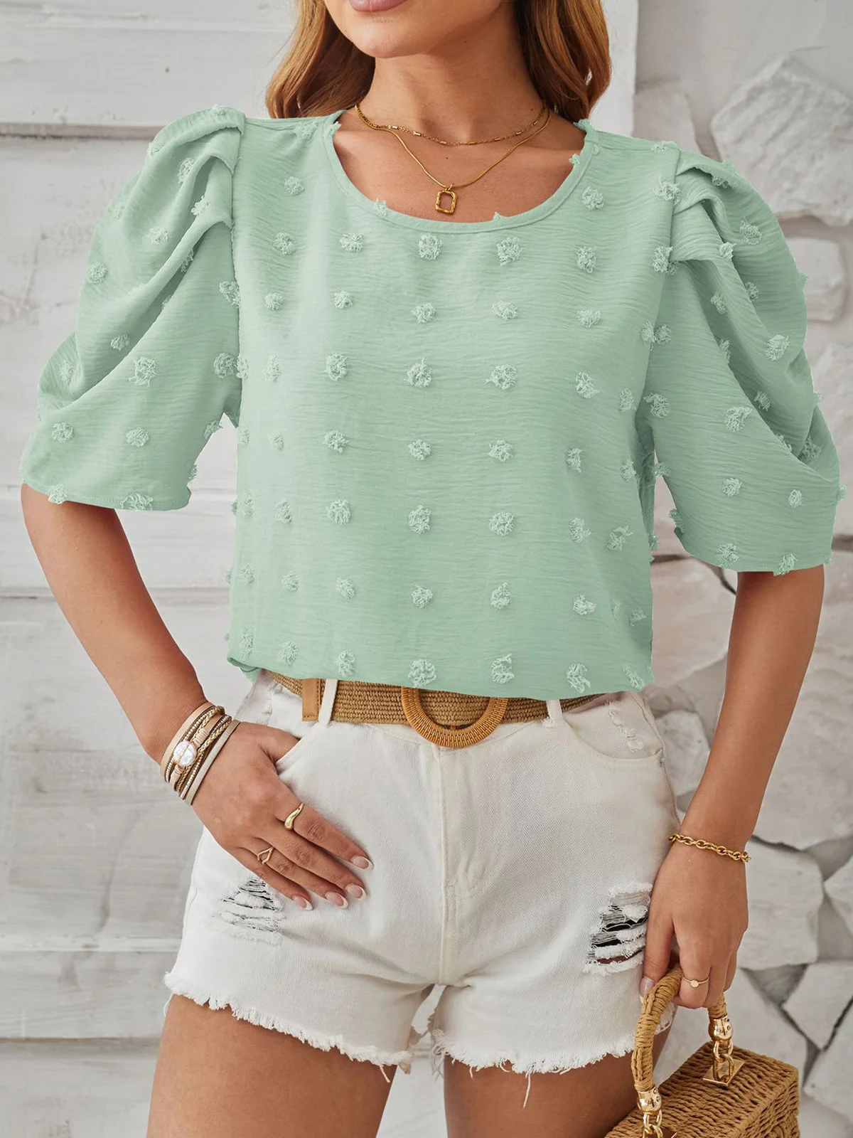 Crew Neck Short Sleeve Polka Dots Regular Micro-Elasticity Regular Fit Shirt For Women