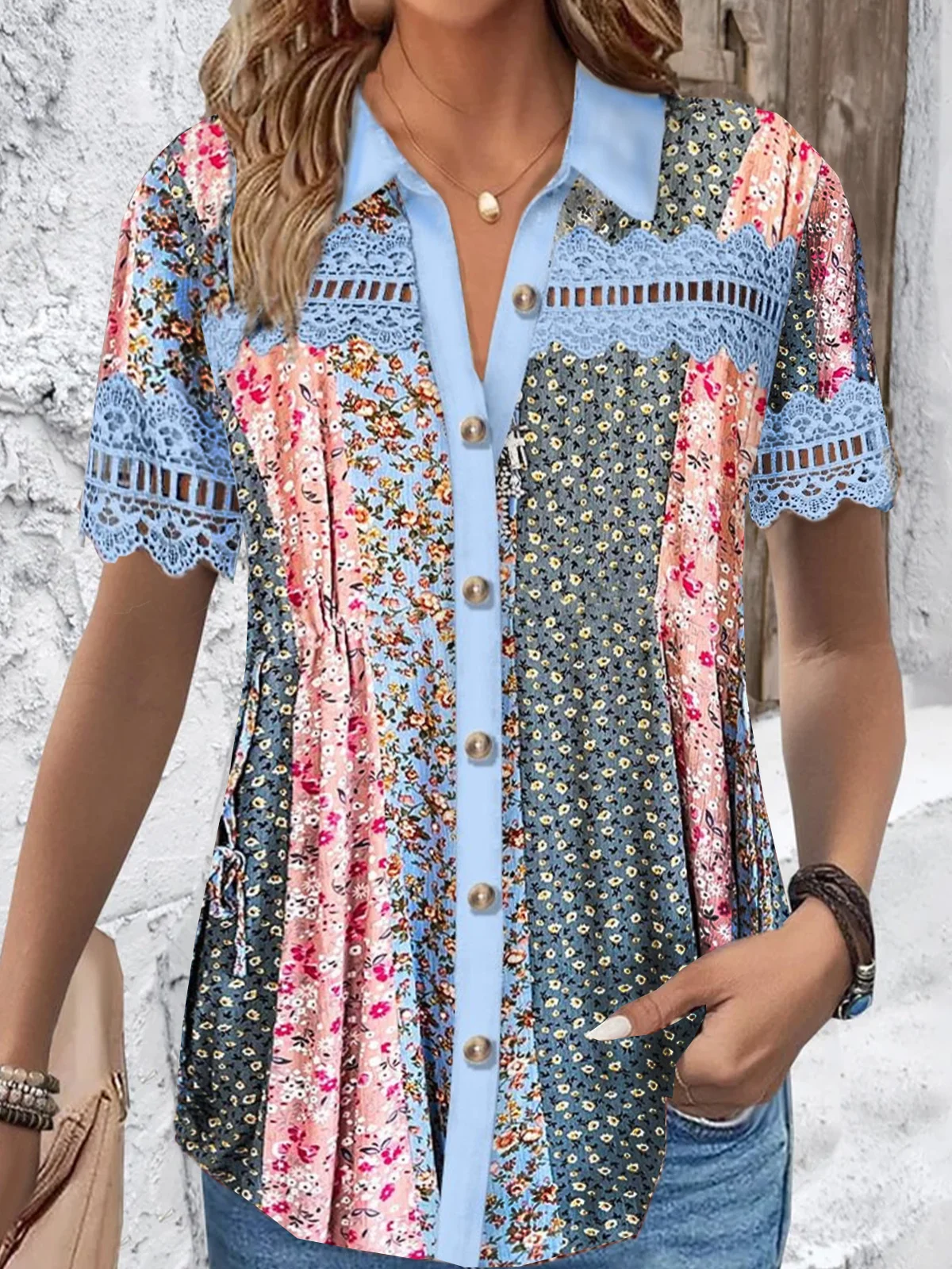 Shirt Collar Short Sleeve Floral Lace Regular Loose Blouse For Women