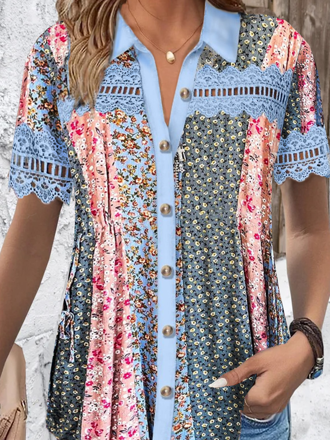 Shirt Collar Short Sleeve Floral Lace Regular Loose Blouse For Women