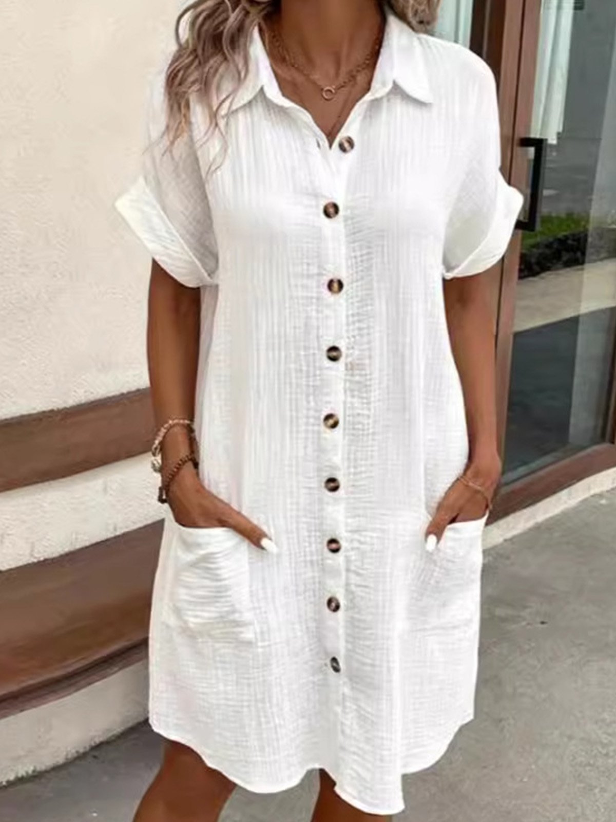 Women Plain Shirt Collar Short Sleeve Comfy Casual Short Dress