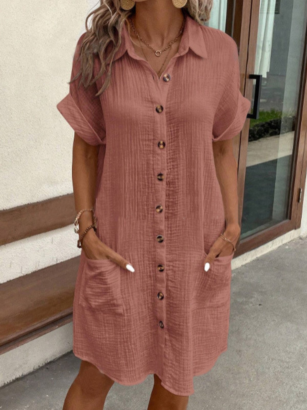 Women Plain Shirt Collar Short Sleeve Comfy Casual Short Dress