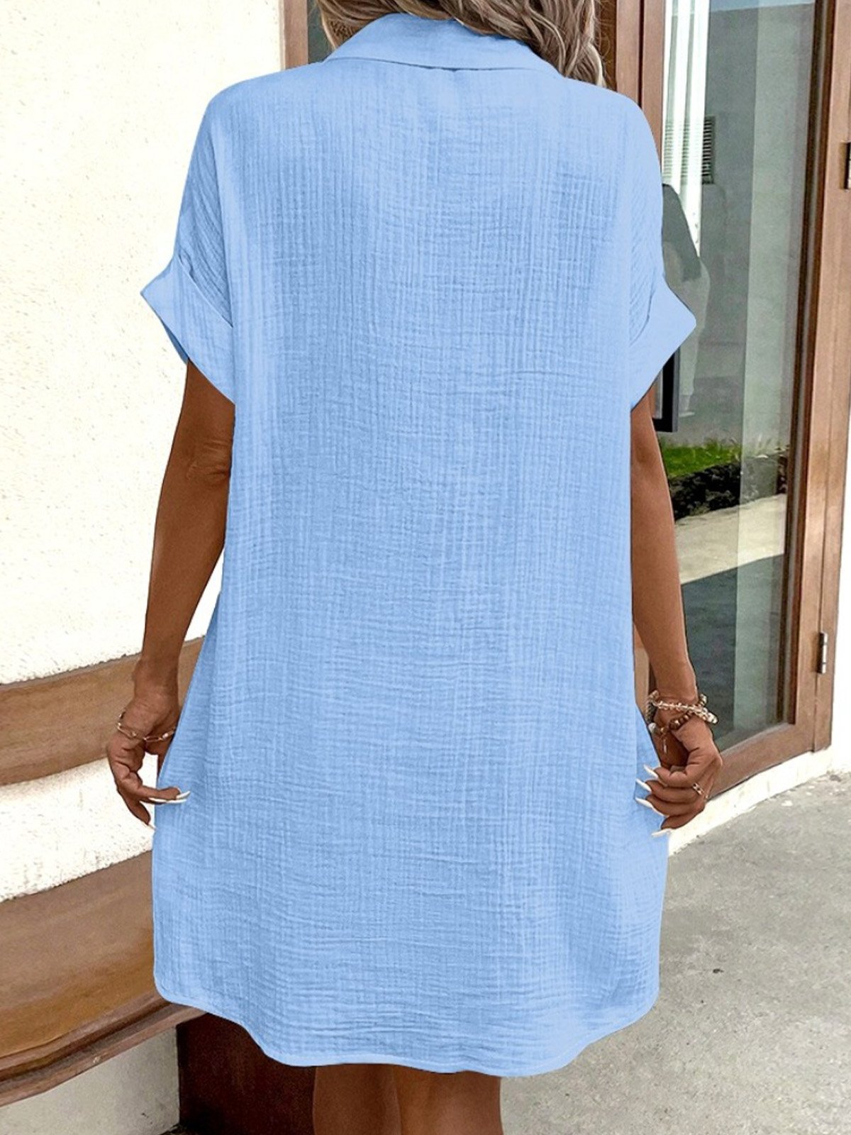 Women Plain Shirt Collar Short Sleeve Comfy Casual Short Dress