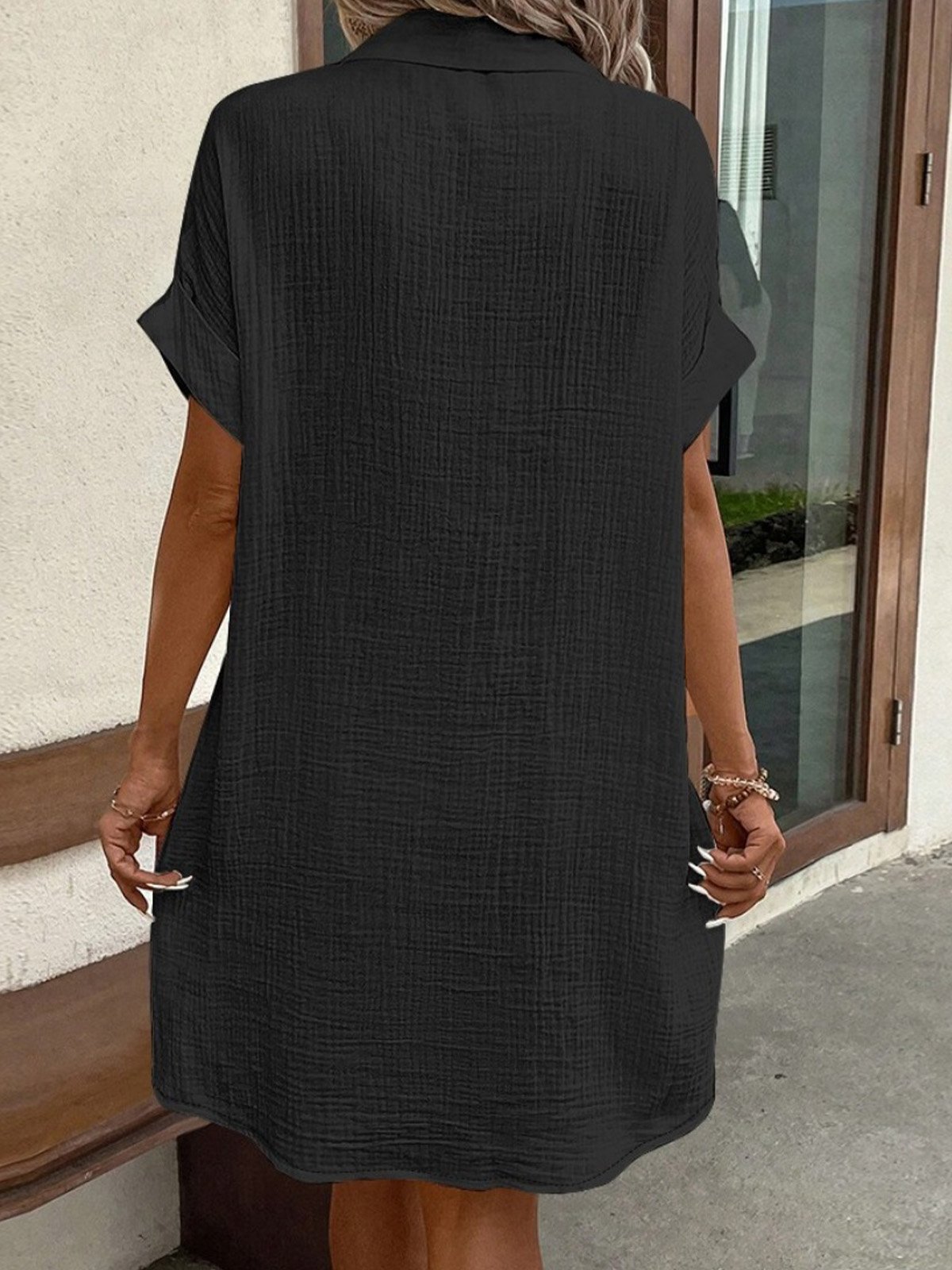 Women Plain Shirt Collar Short Sleeve Comfy Casual Short Dress