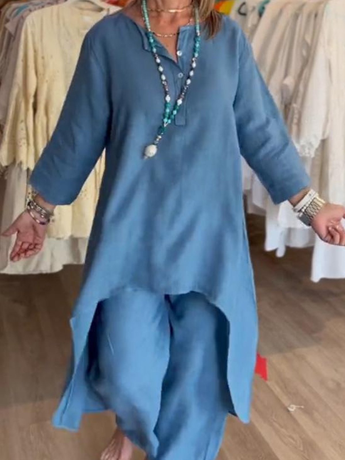 Women Plain V Neck Three Quarter Sleeve Comfy Casual Top With Pants Two-Piece Set