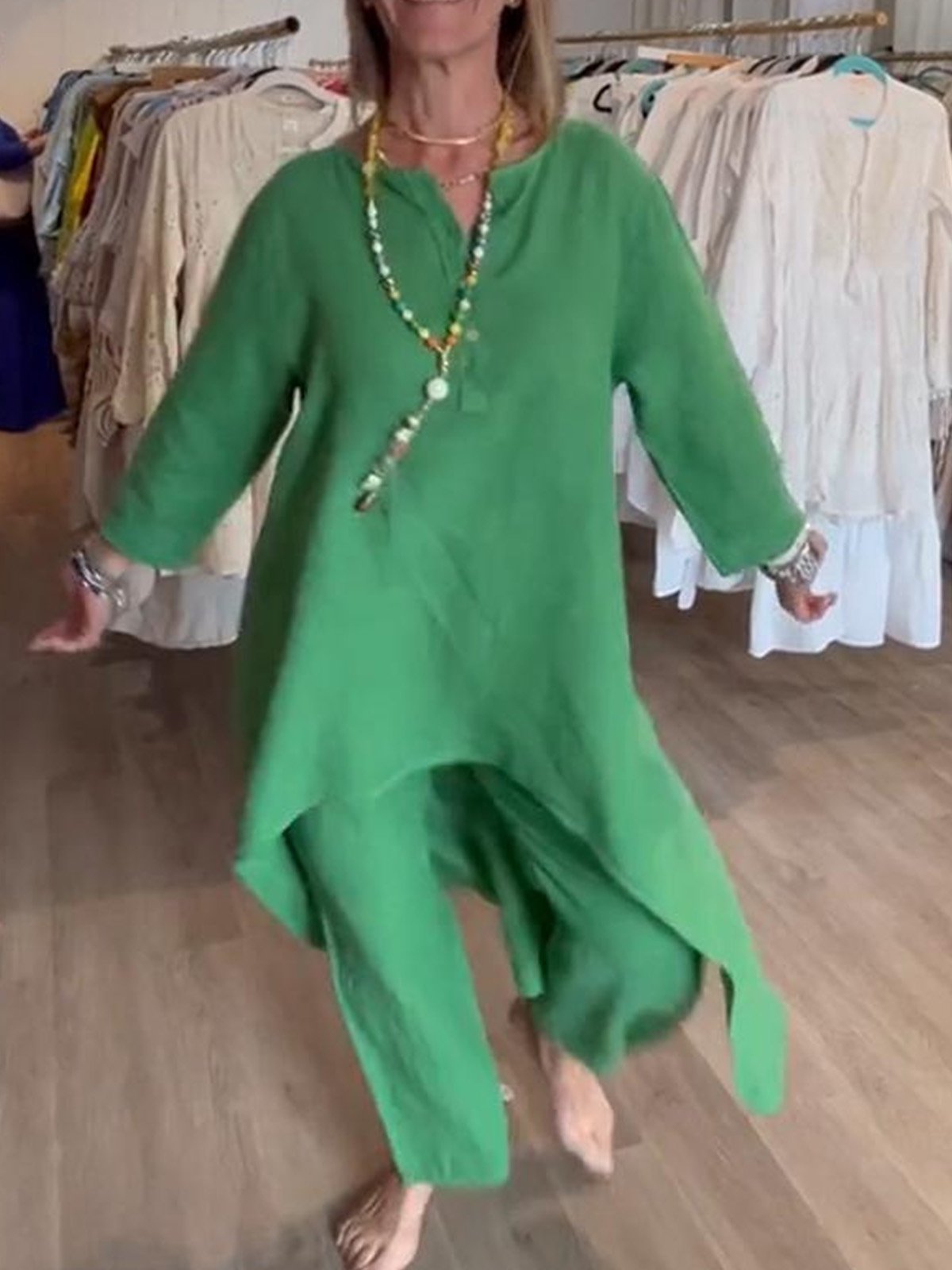 Women Plain V Neck Three Quarter Sleeve Comfy Casual Top With Pants Two-Piece Set