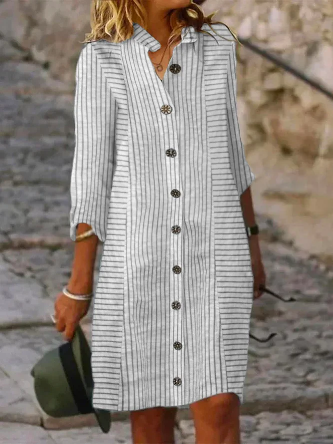 Linen Women Striped Shirt Collar Three Quarter Sleeve Comfy Casual Short Dress