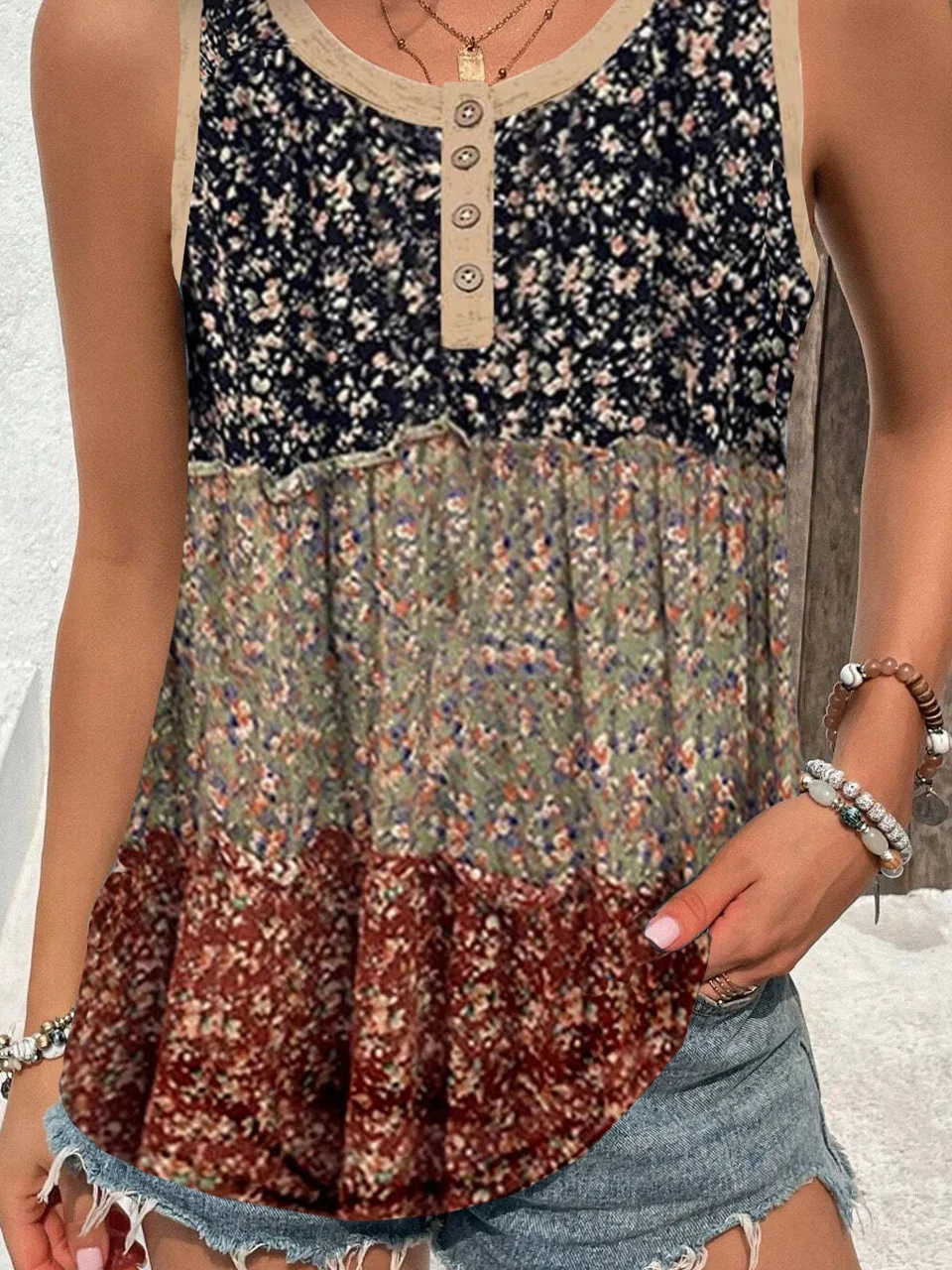 Casual Crew Neck Floral Tank Top