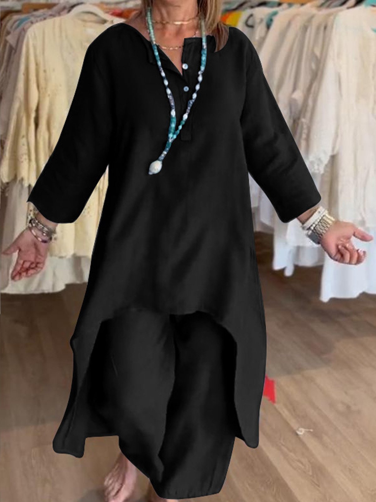 Women Plain V Neck Three Quarter Sleeve Comfy Casual Top With Pants Two-Piece Set