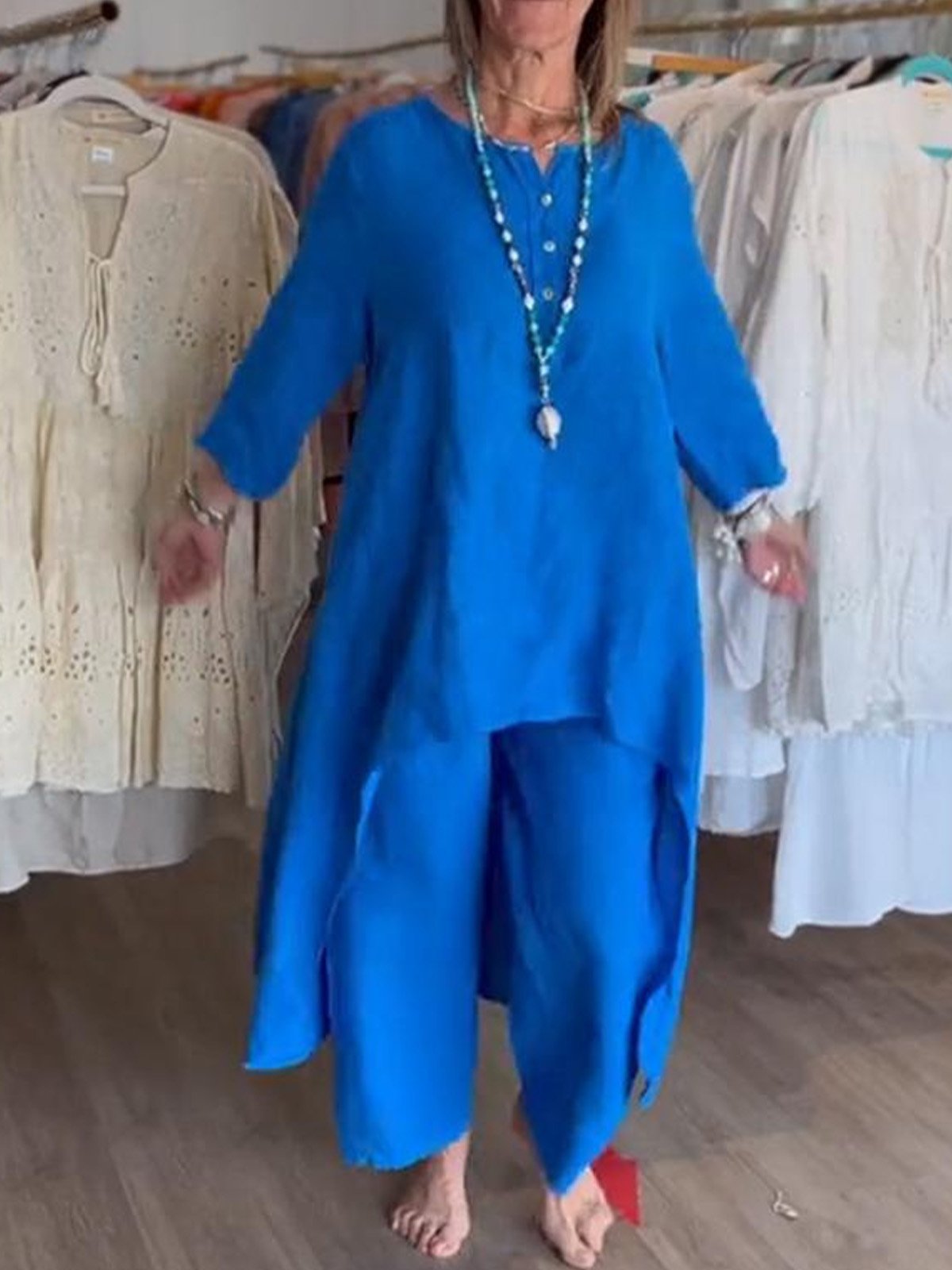 Women Plain V Neck Three Quarter Sleeve Comfy Casual Top With Pants Two-Piece Set