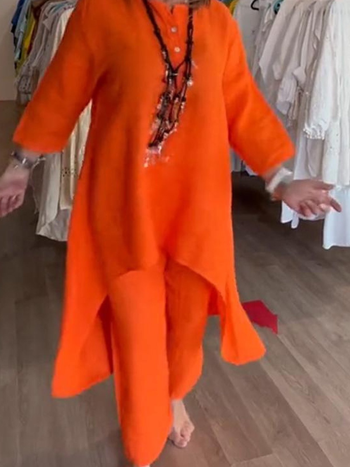 Women Plain V Neck Three Quarter Sleeve Comfy Casual Top With Pants Two-Piece Set