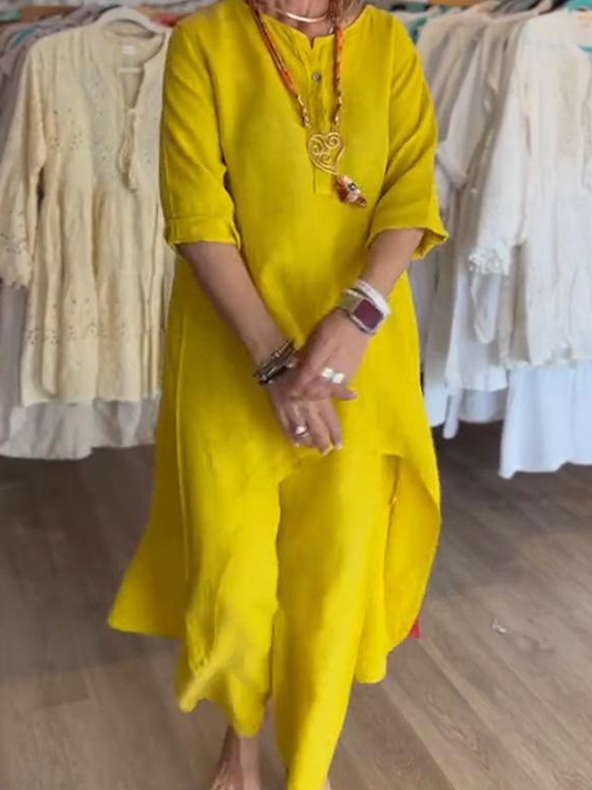 Women Plain V Neck Three Quarter Sleeve Comfy Casual Top With Pants Two-Piece Set