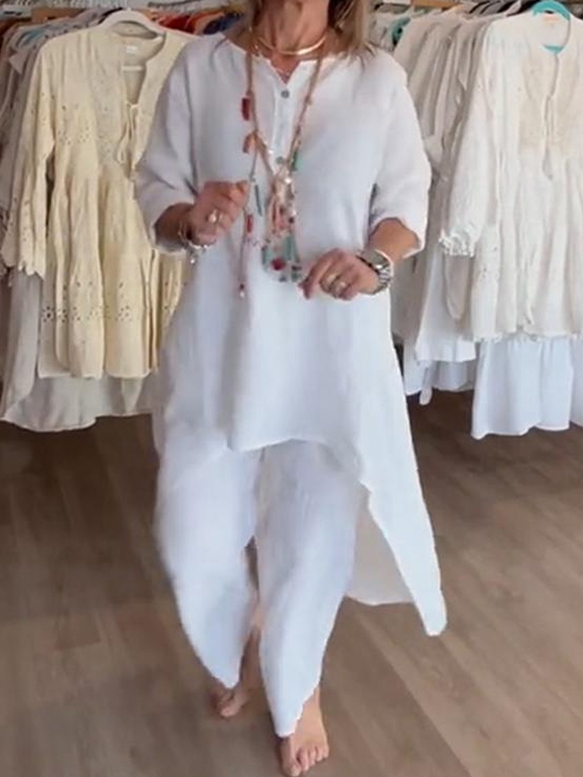 Women Plain V Neck Three Quarter Sleeve Comfy Casual Top With Pants Two-Piece Set