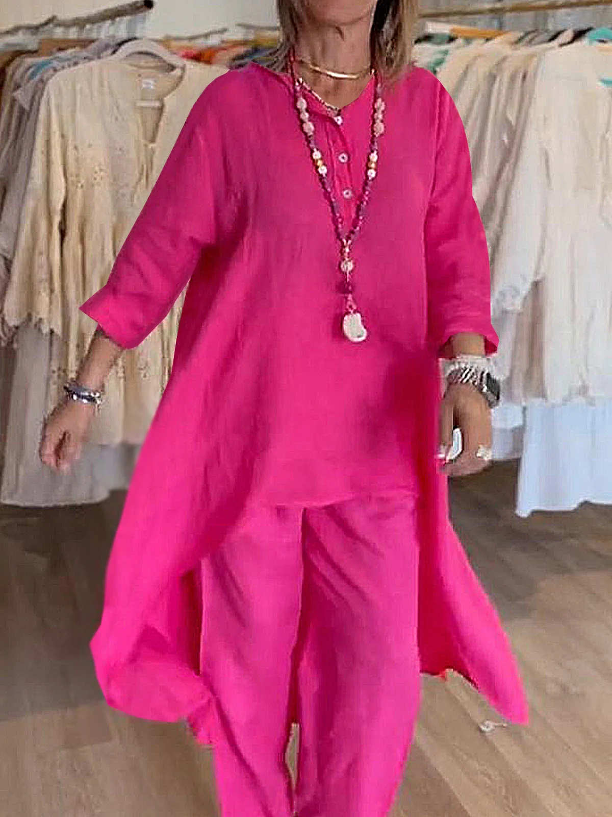 Women Plain V Neck Three Quarter Sleeve Comfy Casual Top With Pants Two-Piece Set