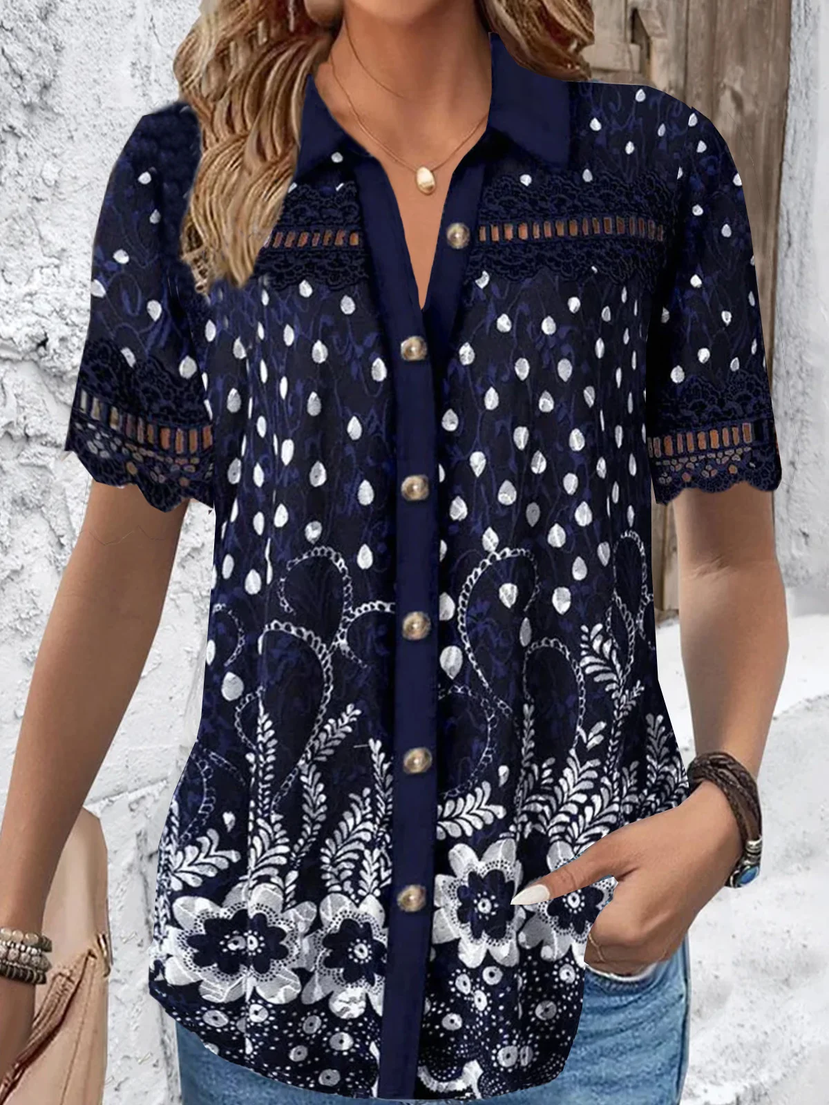 Shirt Collar Short Sleeve Floral Lace Regular Loose Blouse For Women