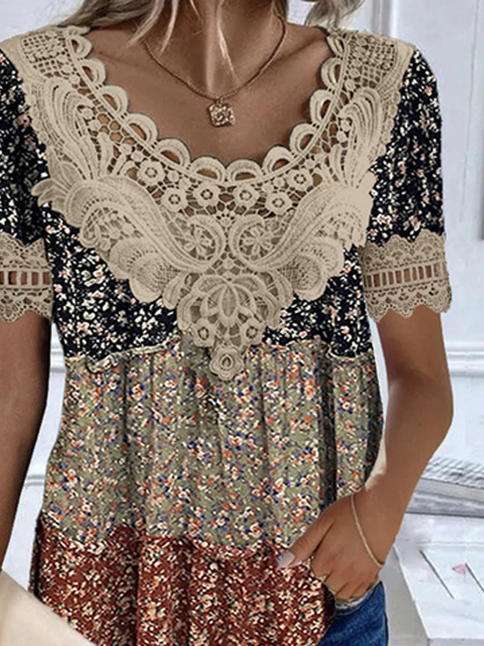 V Neck Short Sleeve Disty Floral Lace Regular Loose Shirt For Women