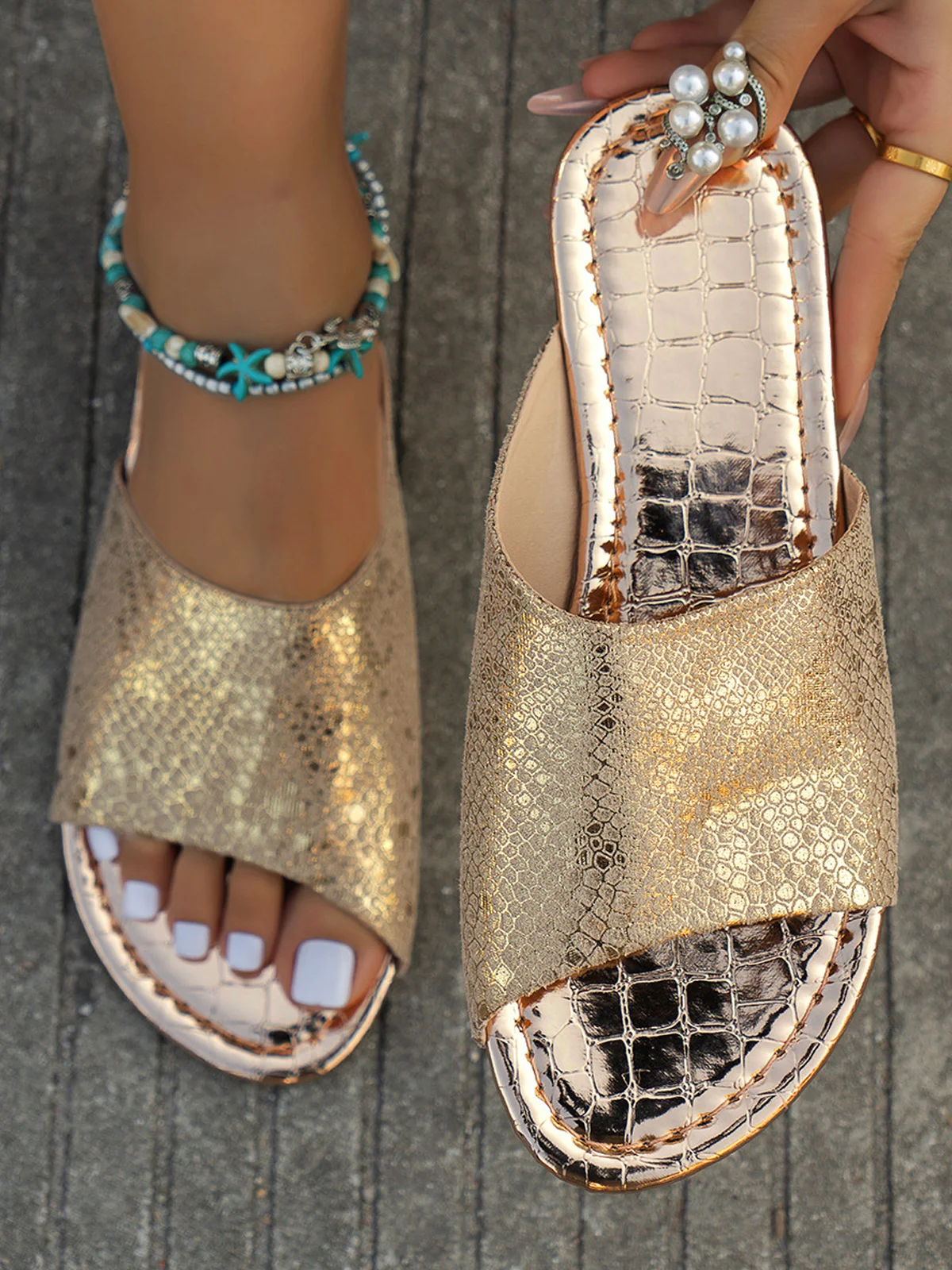 Casual Snakeskin Slip On Block Heel Slide Sandals