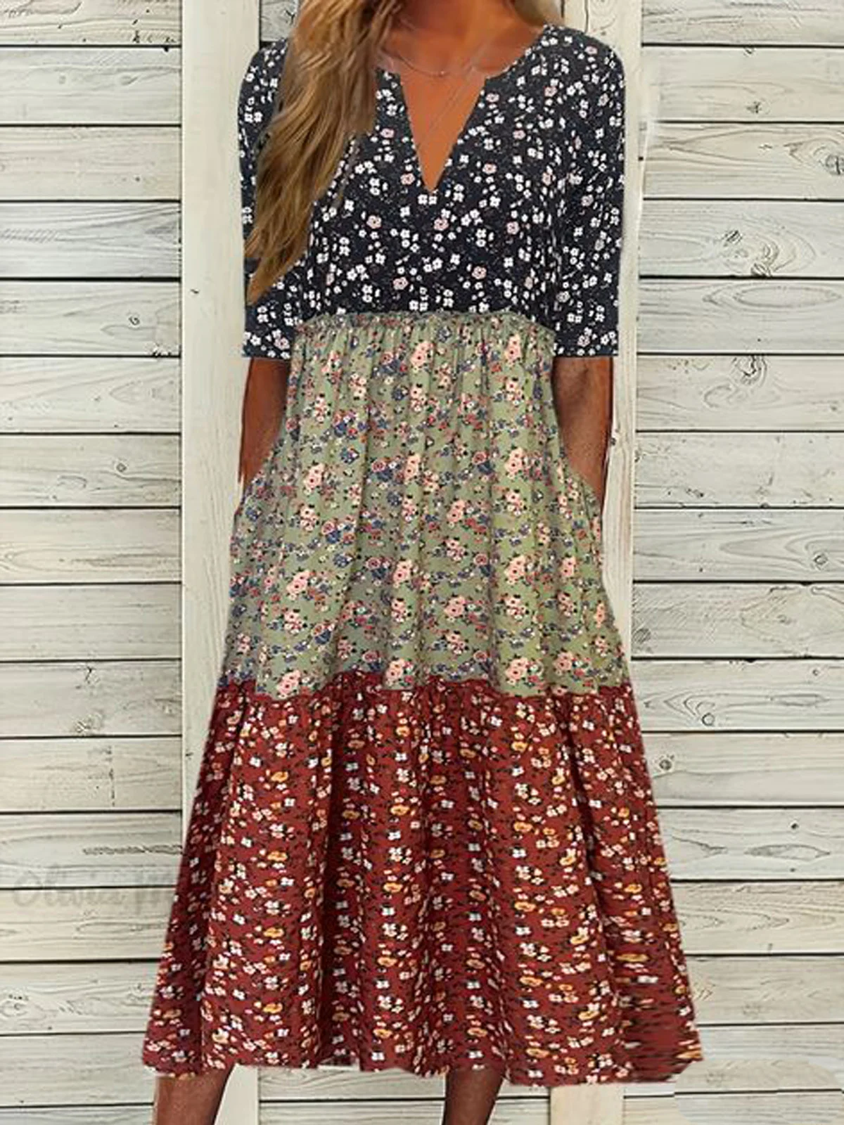 Women Contrast Stitching V Neck Short Sleeve Comfy Casual Midi Dress